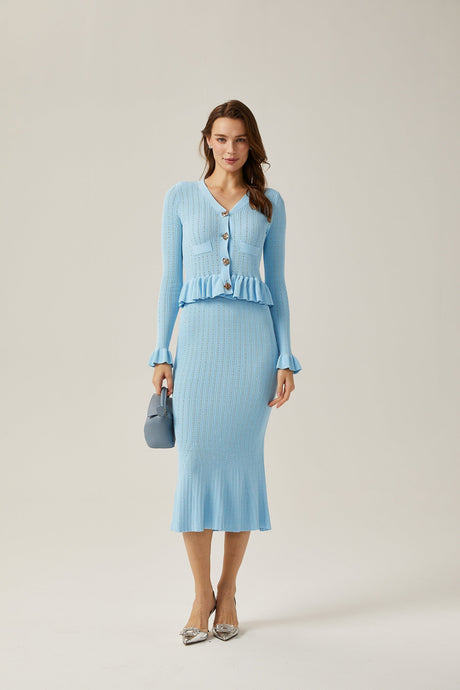 Gabrielle blue flared knitted top  skirt matching set