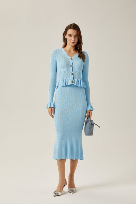 Gabrielle blue flared knitted top  skirt matching set