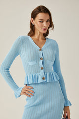 Gabrielle blue flared knitted top  skirt matching set