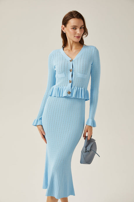 Gabrielle blue flared knitted top  skirt matching set