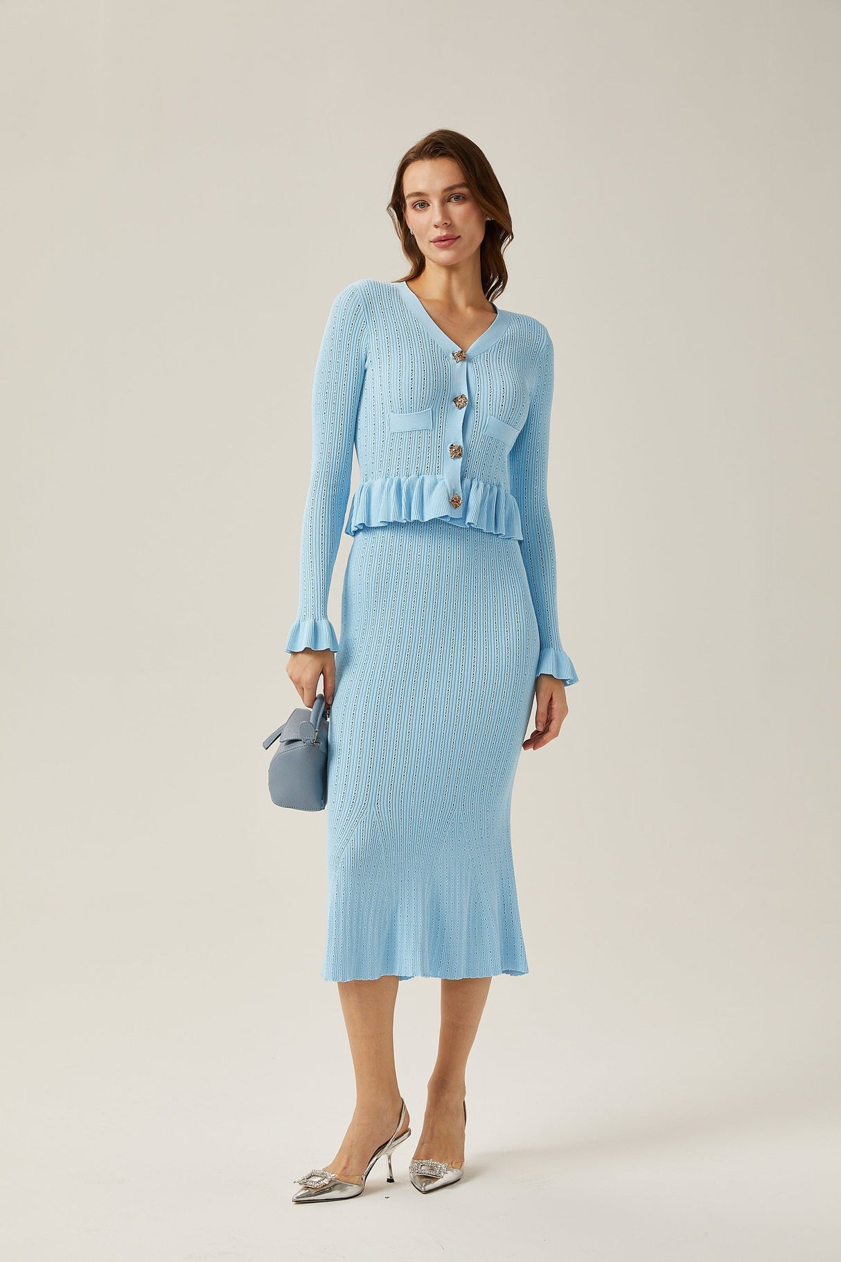 Gabrielle blue flared knitted top  skirt matching set