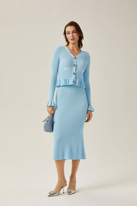 Gabrielle blue flared knitted top  skirt matching set