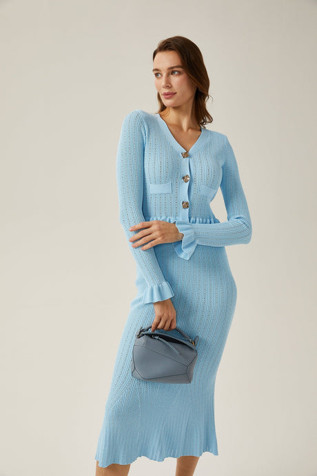 Gabrielle blue flared knitted top  skirt matching set