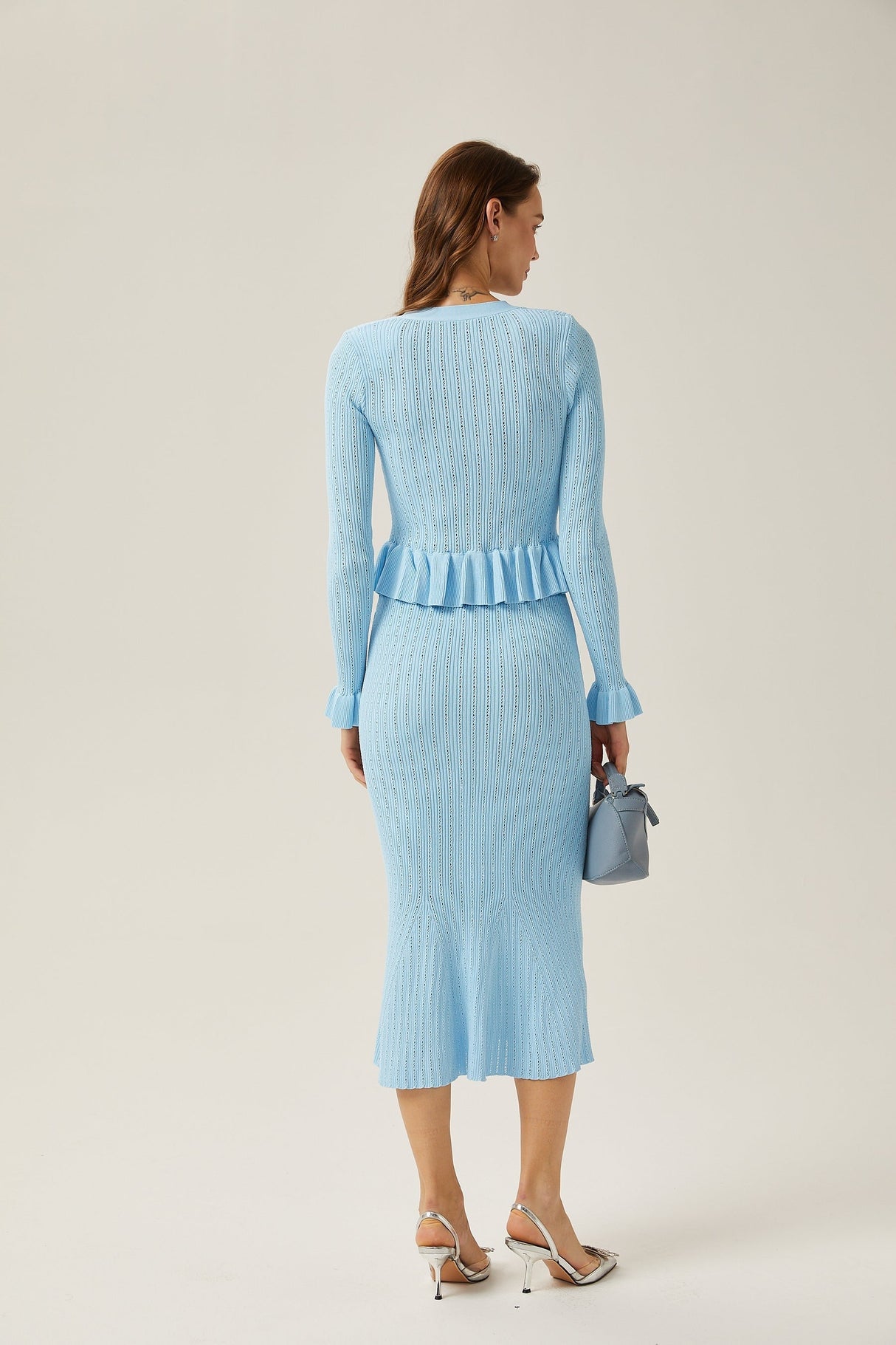 Gabrielle blue flared knitted top  skirt matching set