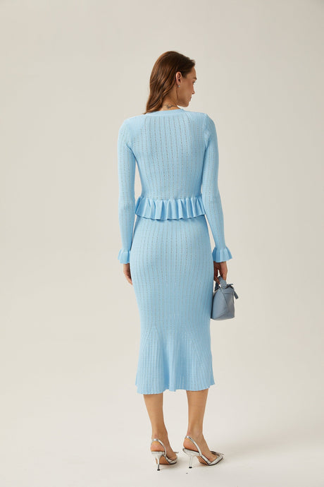 Gabrielle blue flared knitted top  skirt matching set