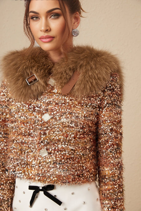 Gold sequined jacket with fur trim and long sleeves named Layla