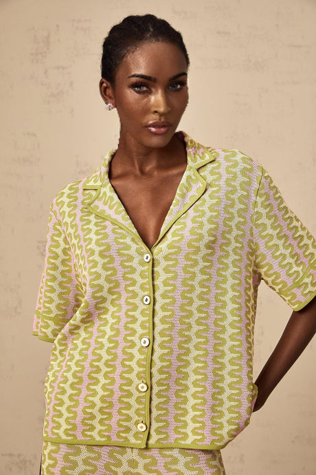 Green color block knitted shirt and matching trousers set called Ophelie