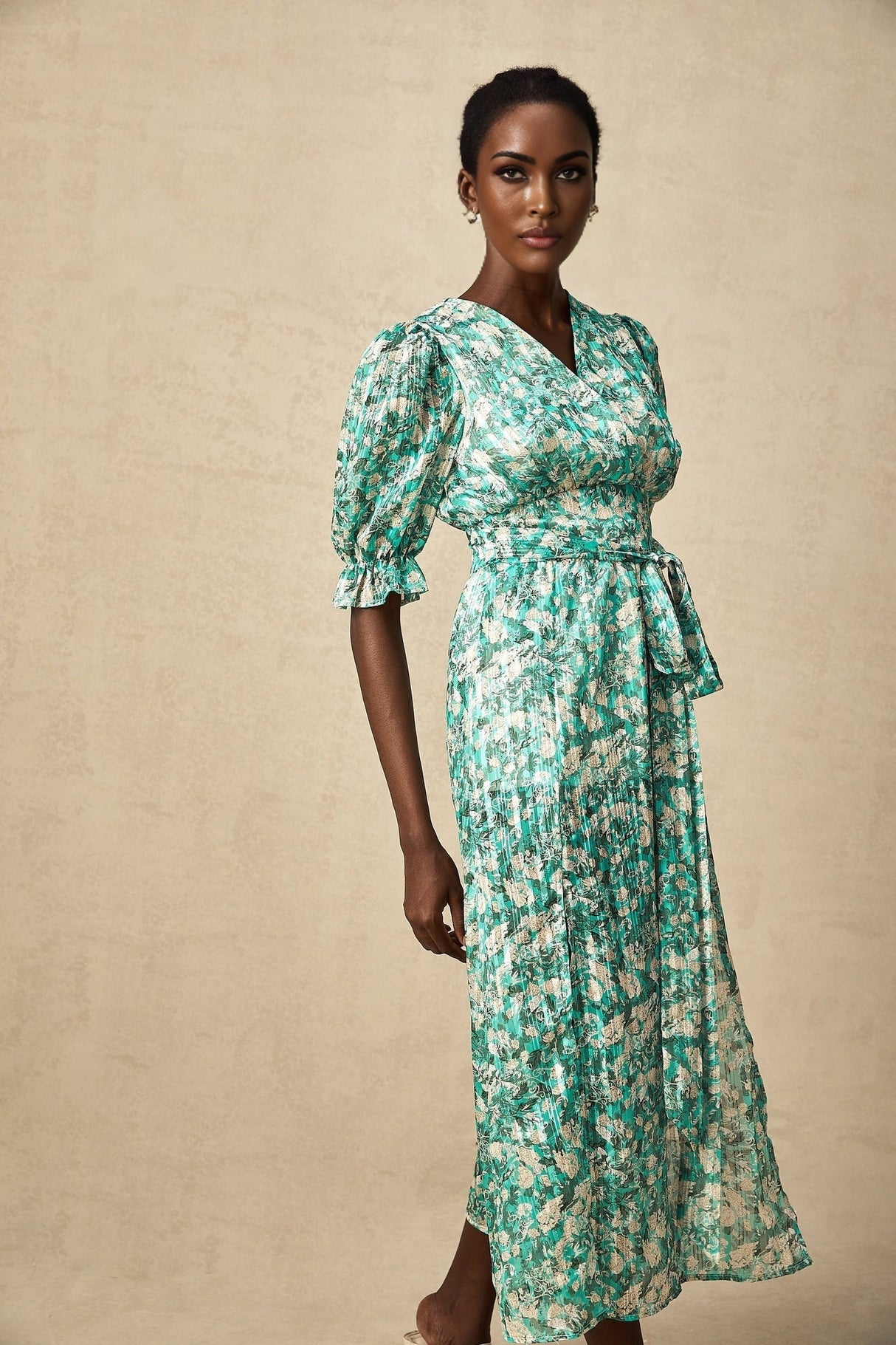 Green floral print midi dress with high slit named Alisa