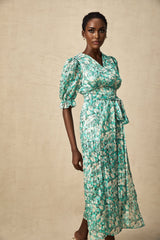 Green floral print midi dress with high slit named Alisa
