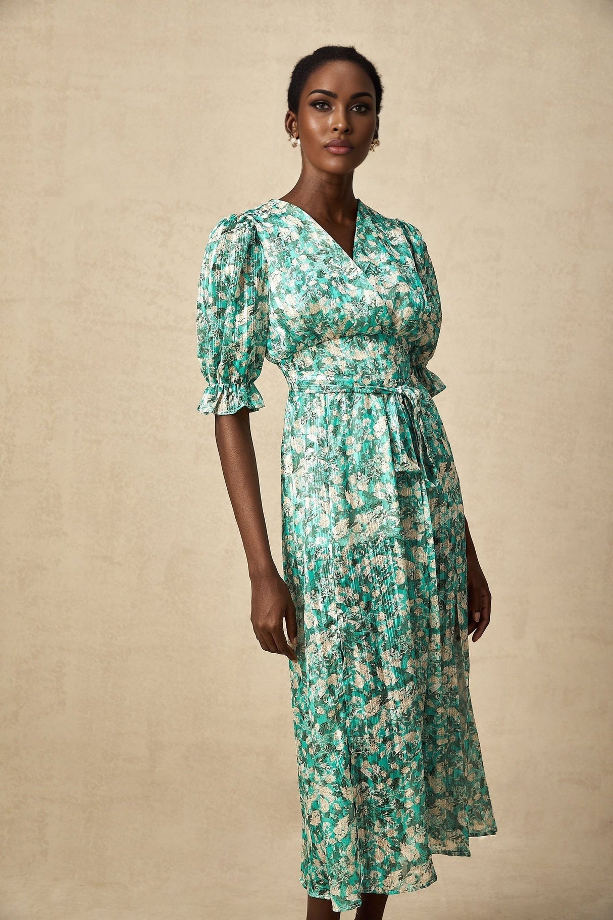 Green floral print midi dress with high slit named Alisa