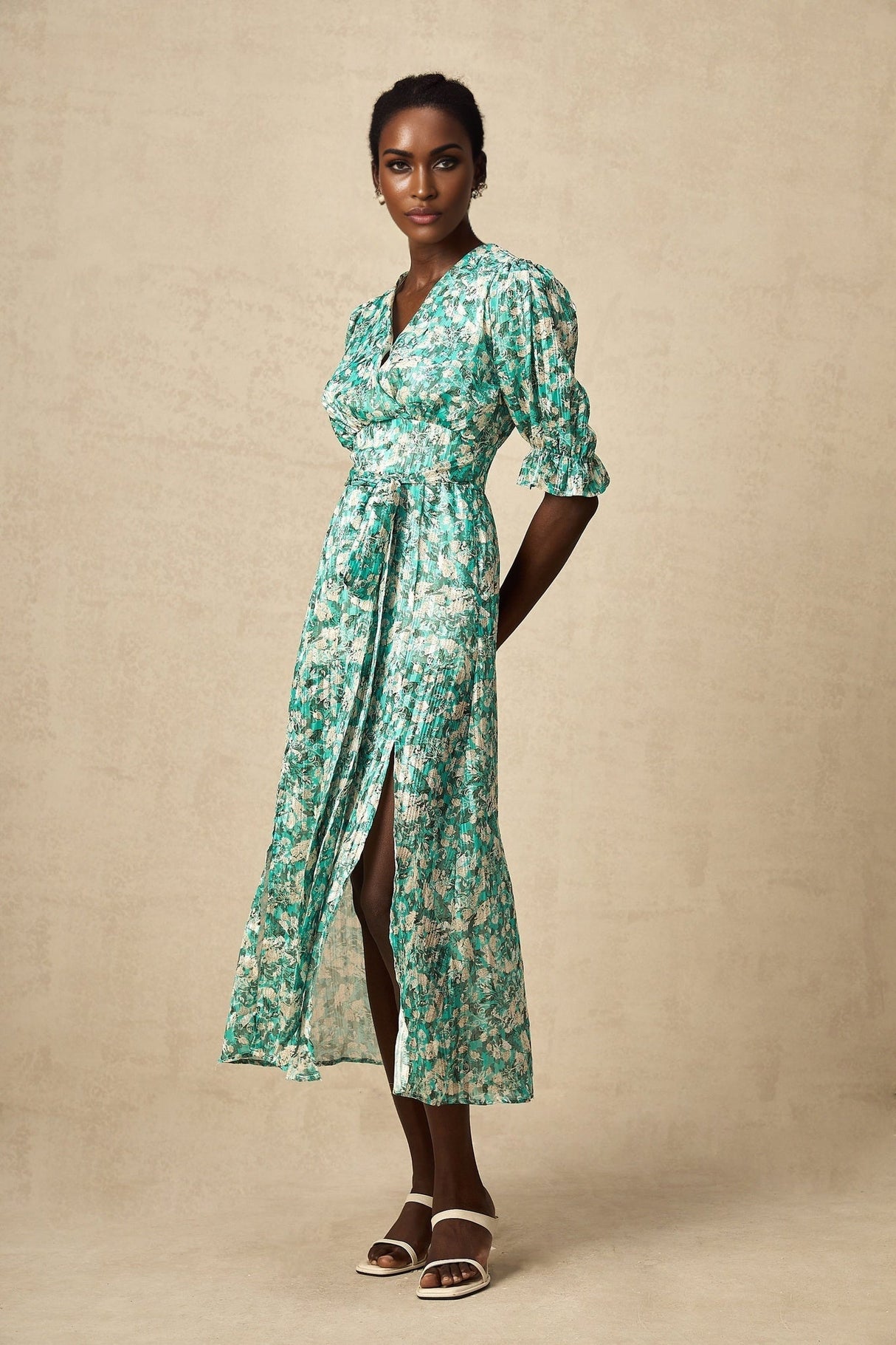 Green floral print midi dress with high slit named Alisa