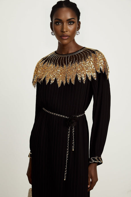 Hélène black sequin tullepanel ribbed midi dress