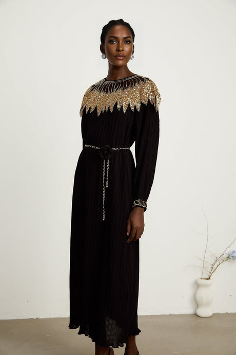Hélène black sequin tullepanel ribbed midi dress