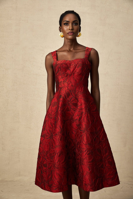 Hélène red midi dress with floral jacquard pattern on fabric