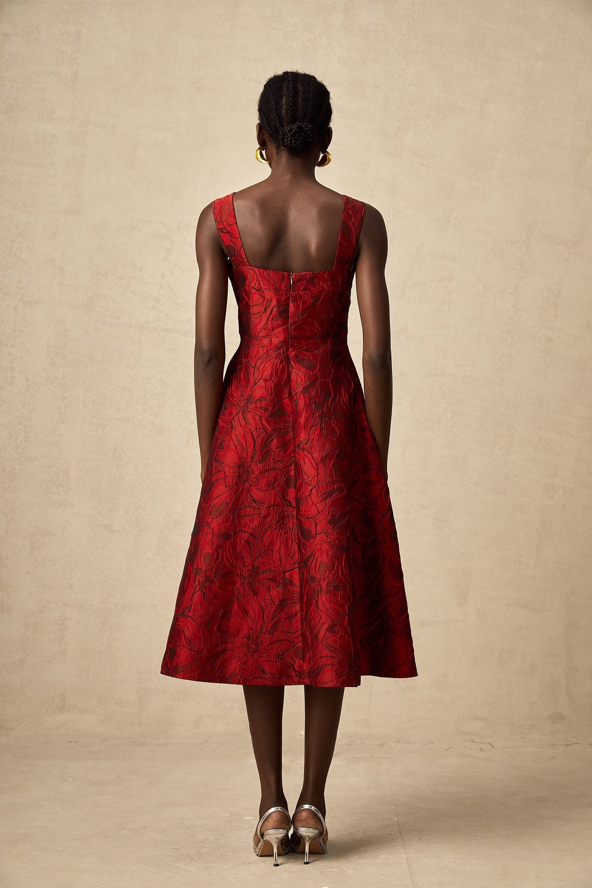 Hélène red midi dress with floral jacquard pattern