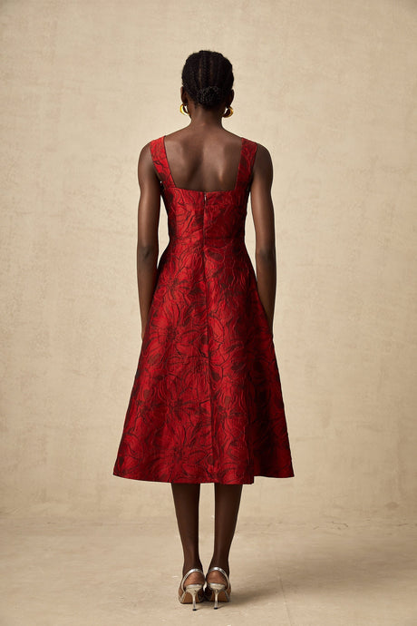 Hélène red midi dress with floral jacquard pattern