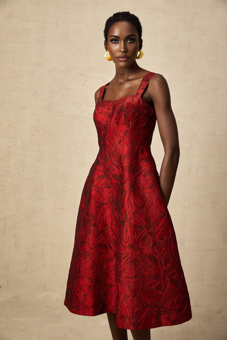 Helene red midi dress with floral jacquard pattern