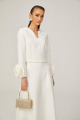 Hilaire white 3dpetal top  skirt matching set