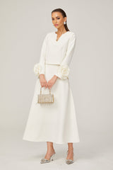 Hilaire white 3dpetal top  skirt matching set