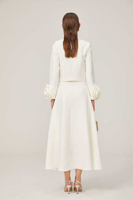 Hilaire white 3dpetal top  skirt matching set