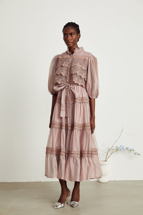 Inès lace cutout tiered midi dress
