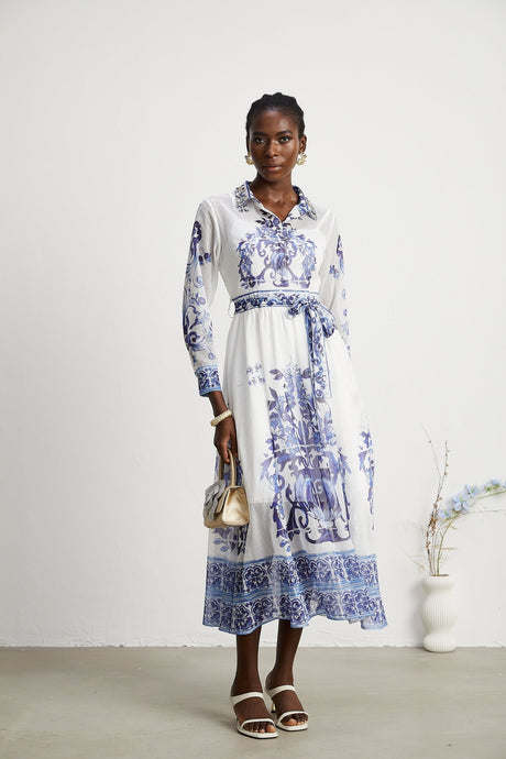Isabelle patternprint cinchwaist midi dress