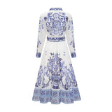 Isabelle patternprint cinchwaist midi dress