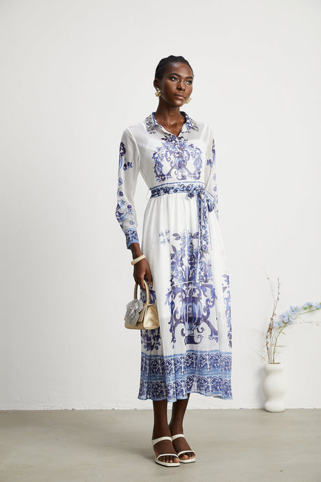 Isabelle patternprint cinchwaist midi dress