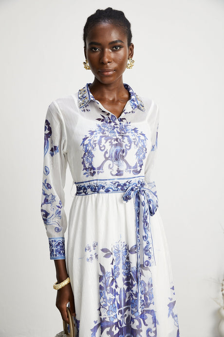 Isabelle patternprint cinchwaist midi dress