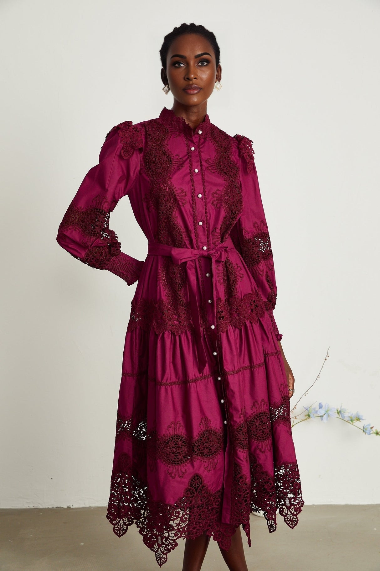 Josiane red guipurelace midi dress