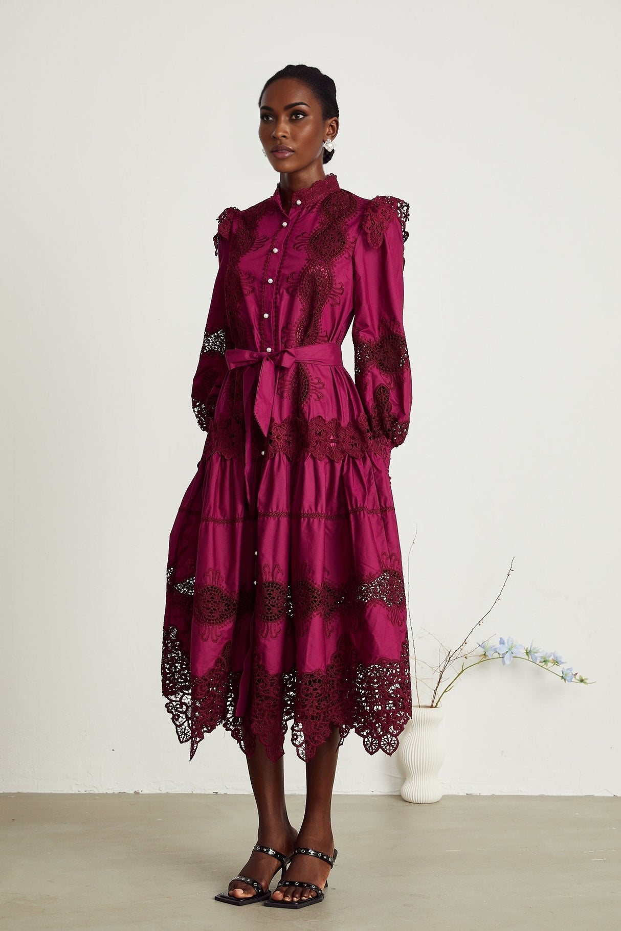 Josiane red guipurelace midi dress