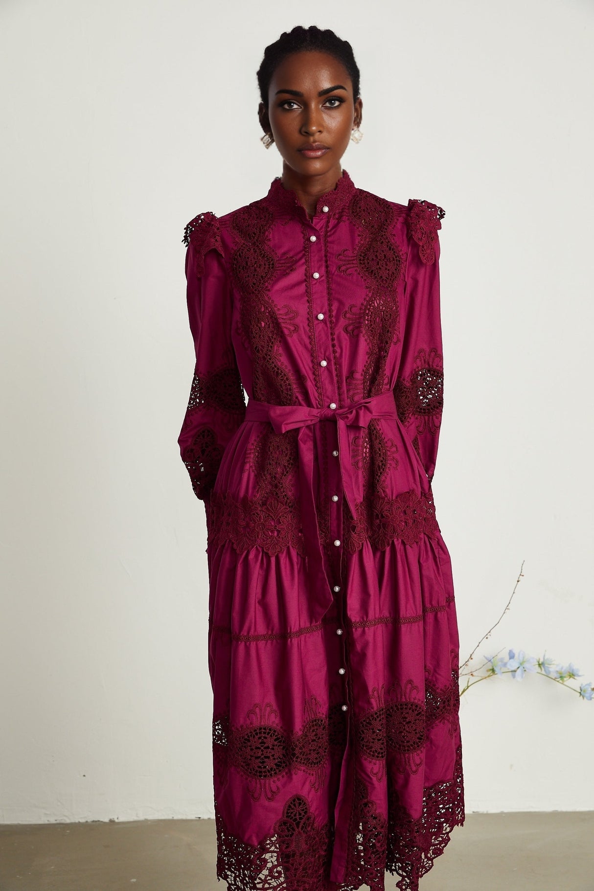 Josiane red guipurelace midi dress