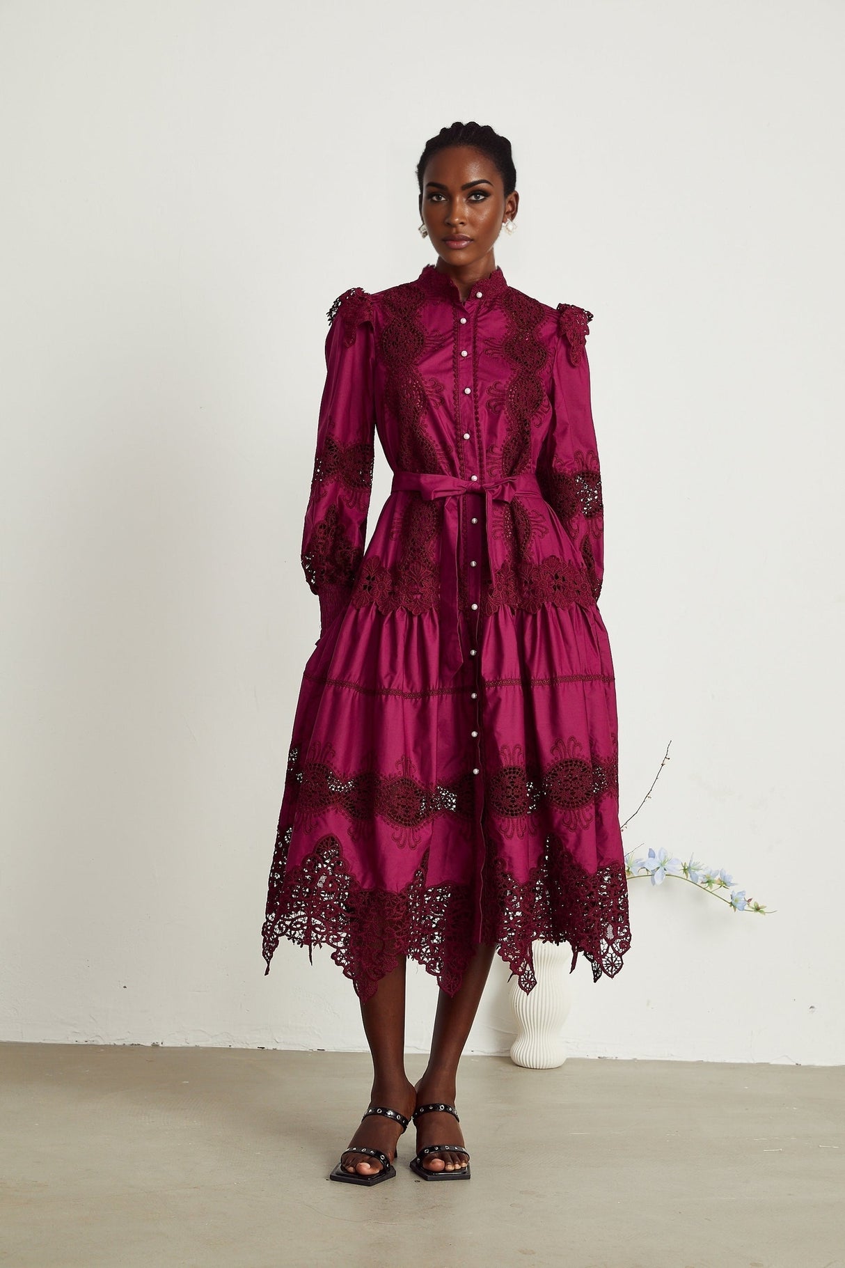 Josiane red guipurelace midi dress