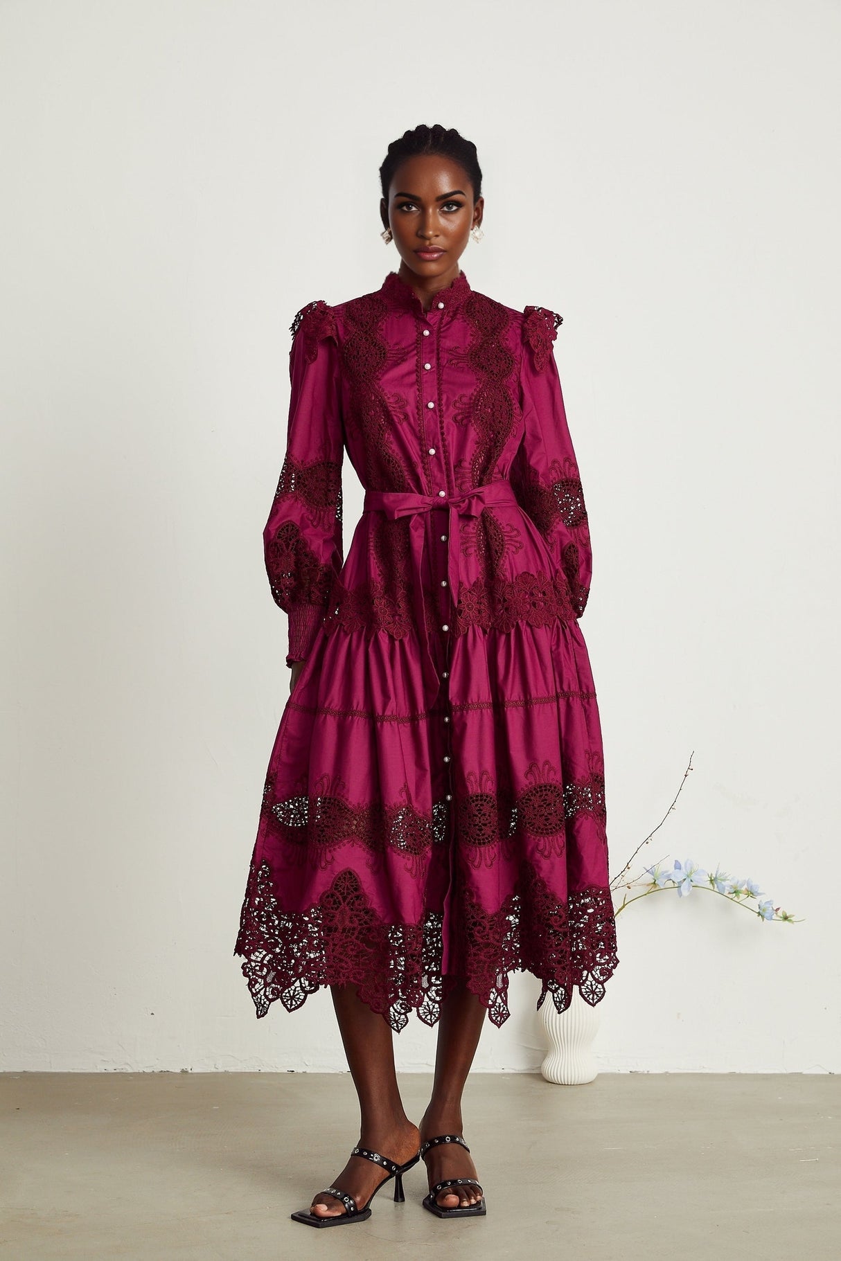 Josiane red guipurelace midi dress