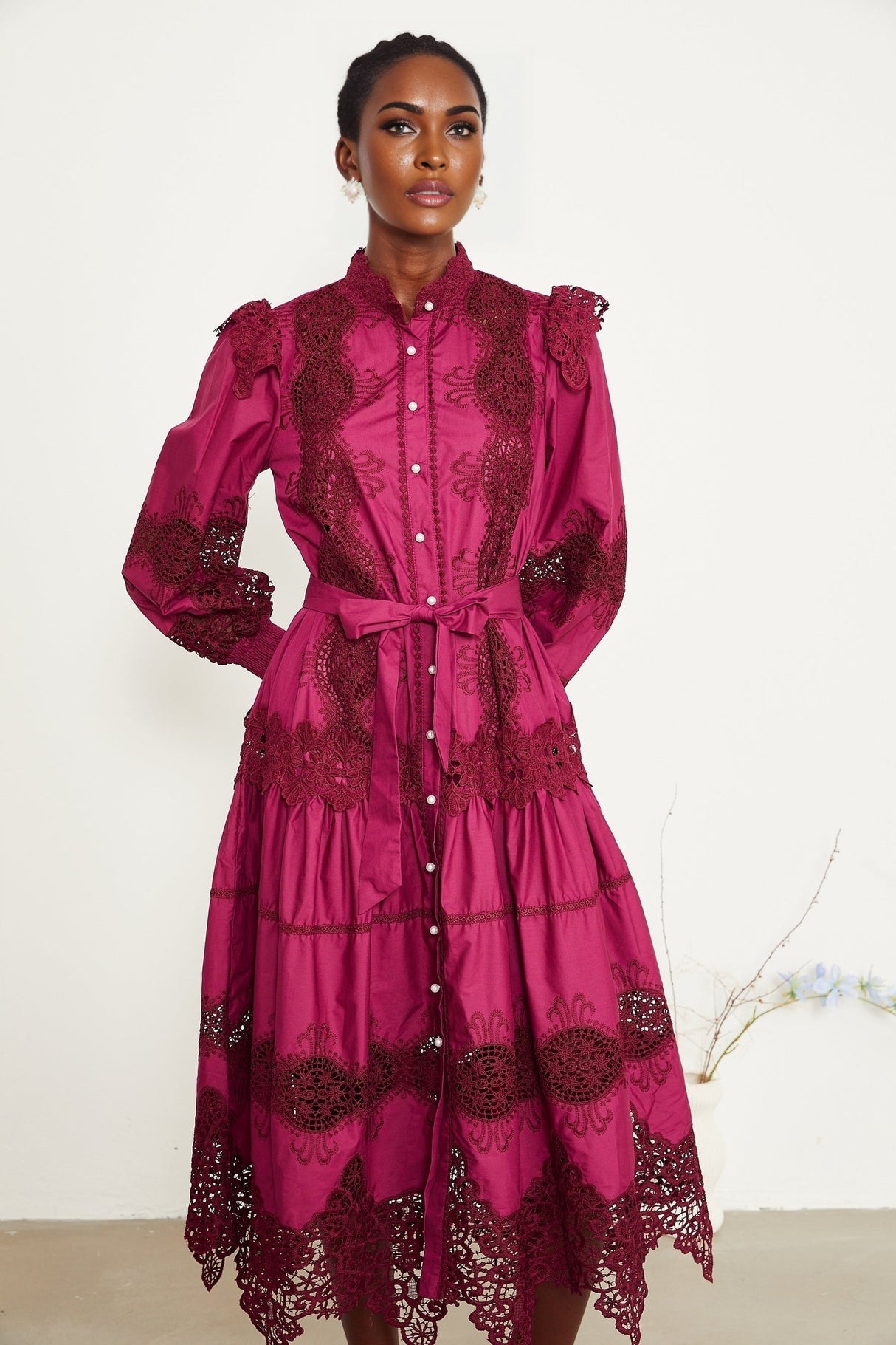 Josiane red guipurelace midi dress