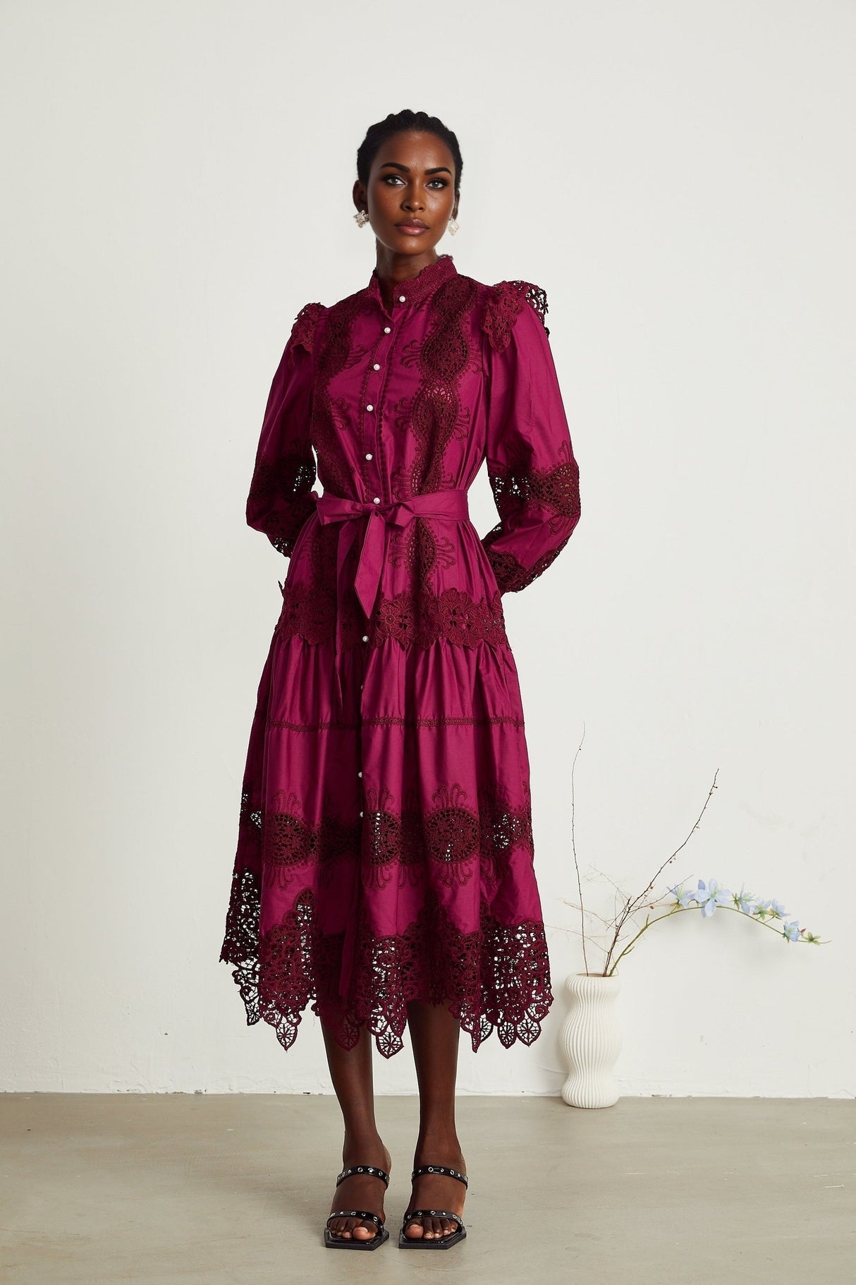 Josiane red guipurelace midi dress