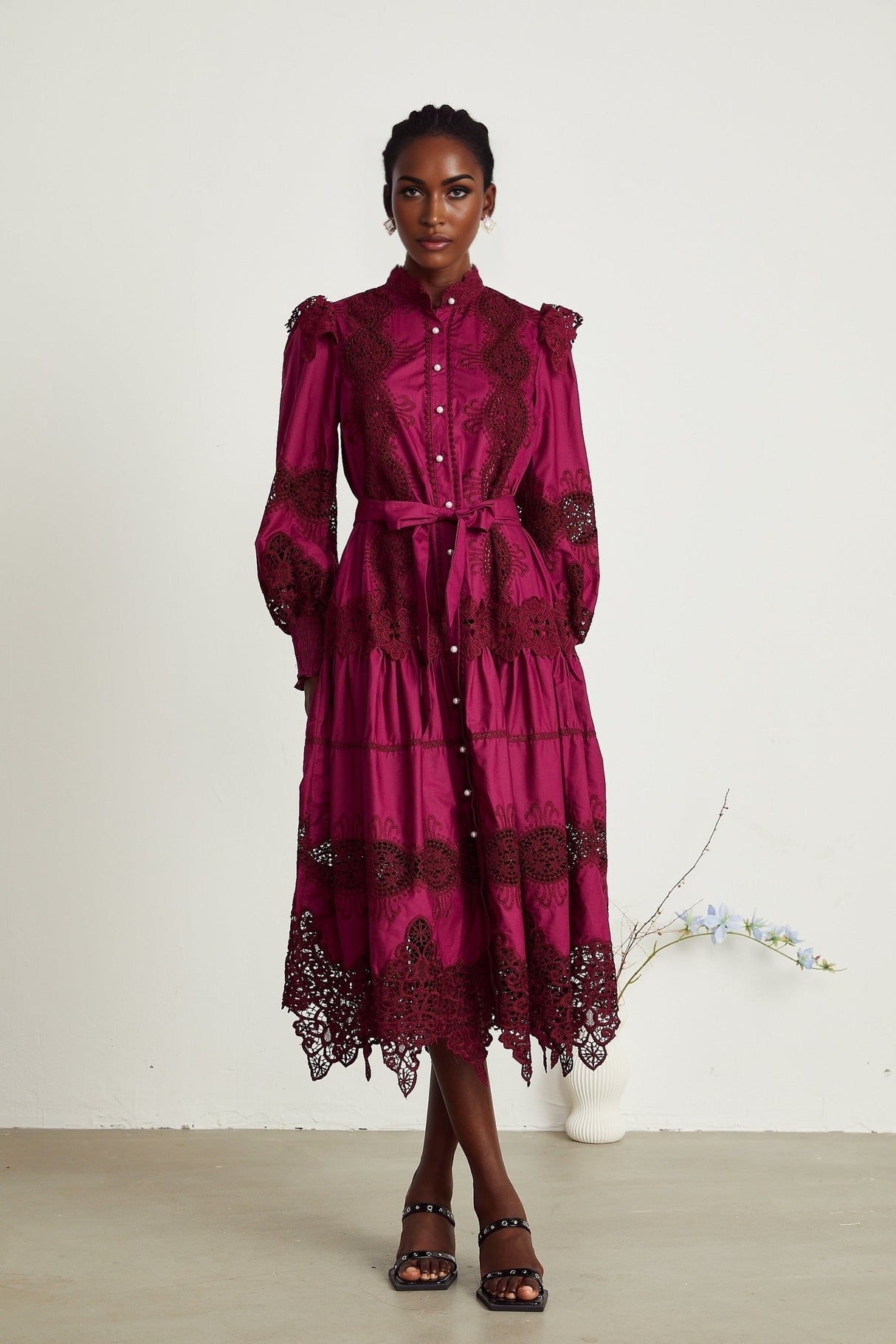 Josiane red guipurelace midi dress