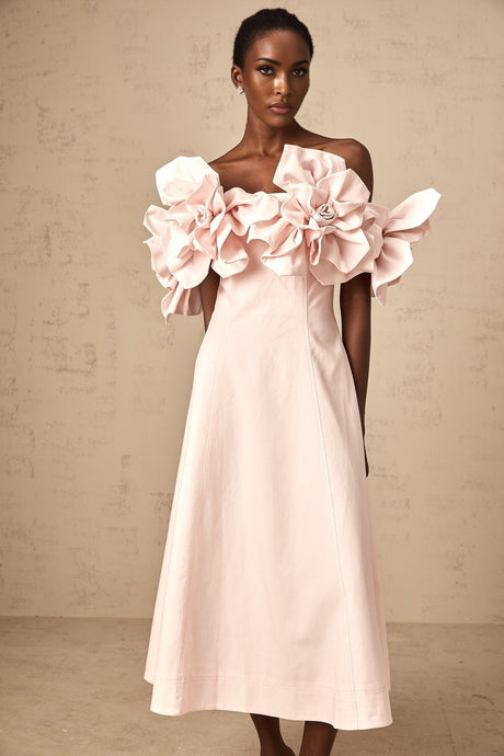 Juliette pink midi dress with offshoulder neckline and three dimensional petal details