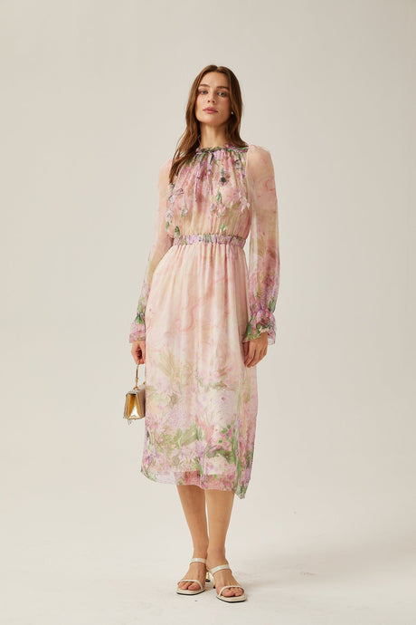 Justine floralprint cinchedwaist midi dress