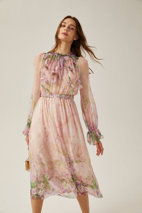 Justine floralprint cinchedwaist midi dress