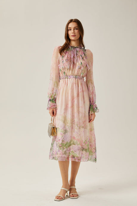 Justine floralprint cinchedwaist midi dress