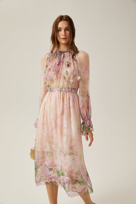 Justine floralprint cinchedwaist midi dress