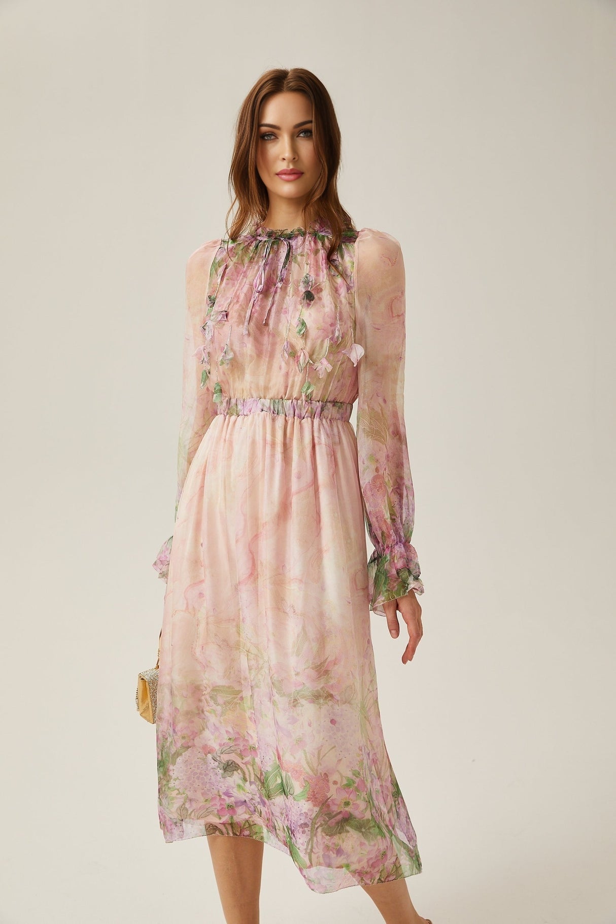 Justine floralprint cinchedwaist midi dress