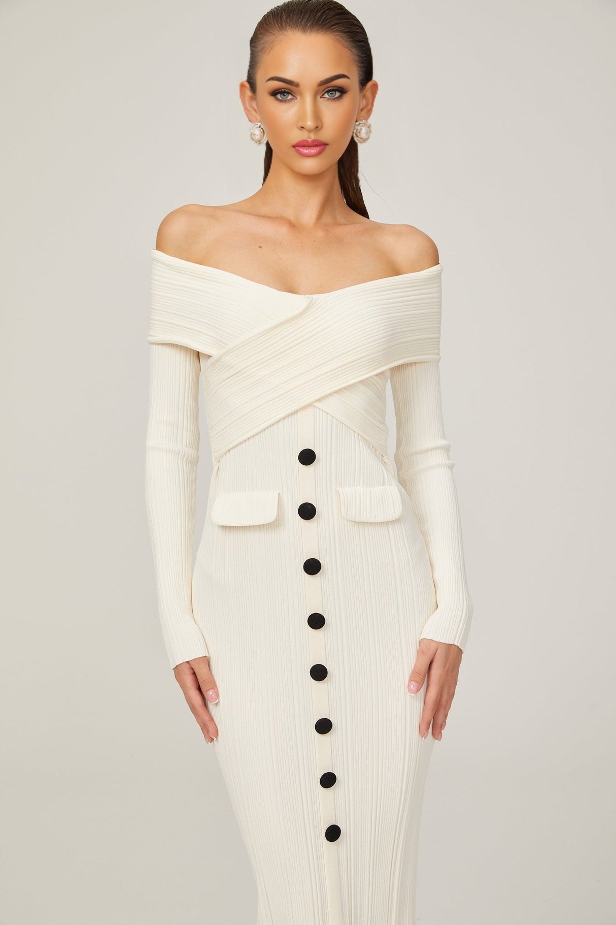 Karine white offshoulder ribknit midi dress