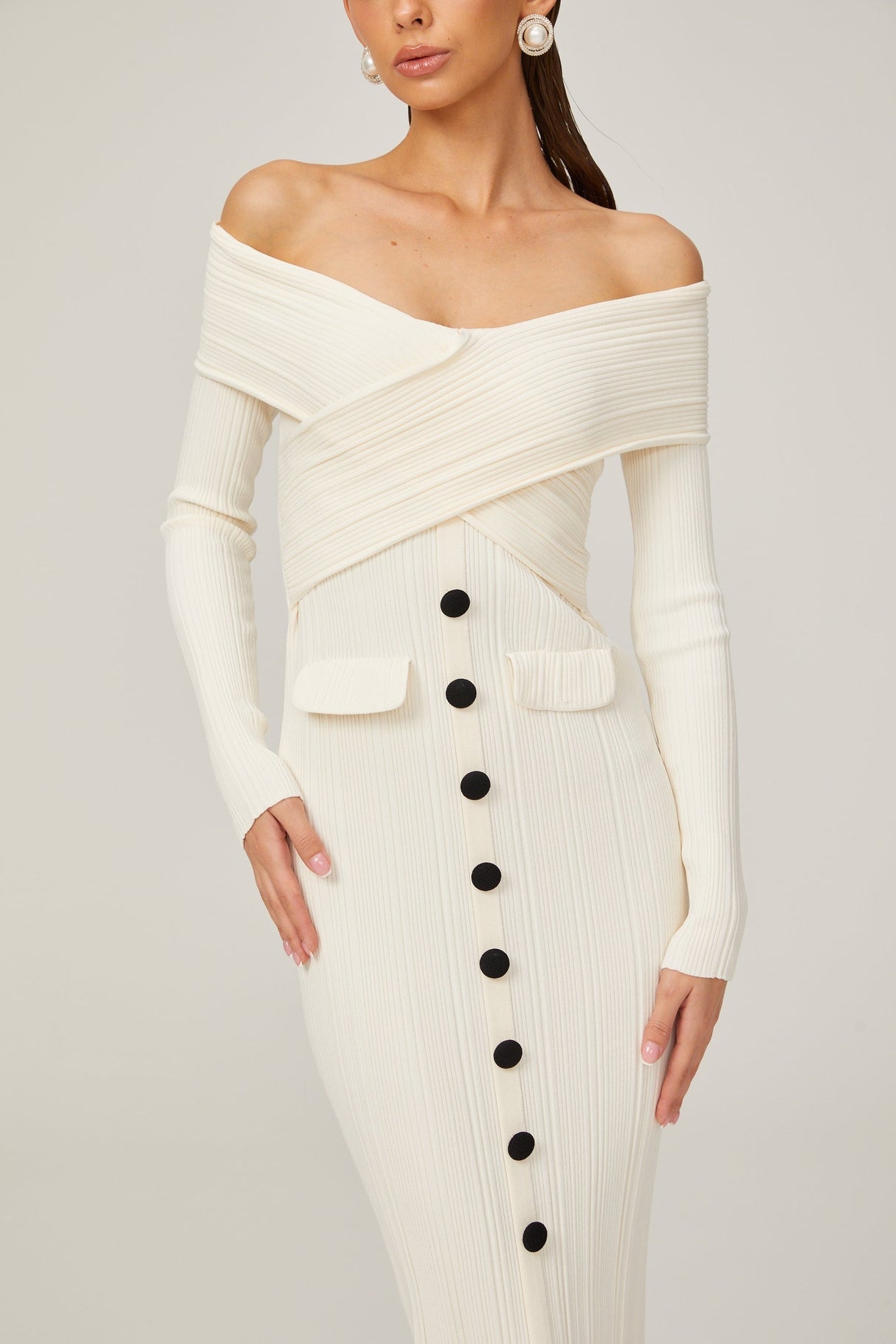 Karine white offshoulder ribknit midi dress