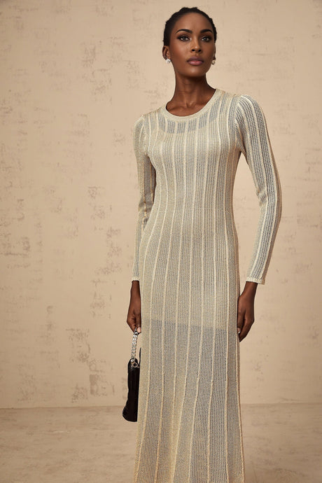 Khaki colored fitted knit midi dress on a plain background