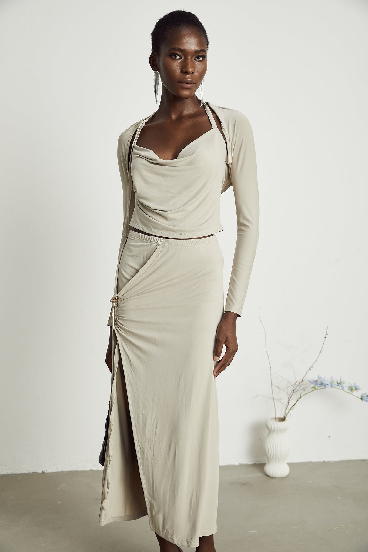 Lanetta khaki jersey top  skirt matching set