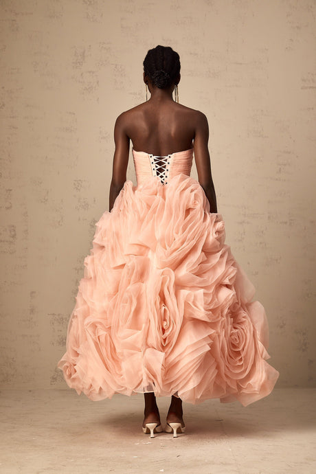 Leane pink off shoulder midi dress with 3d tulle petals on bodice and skirt