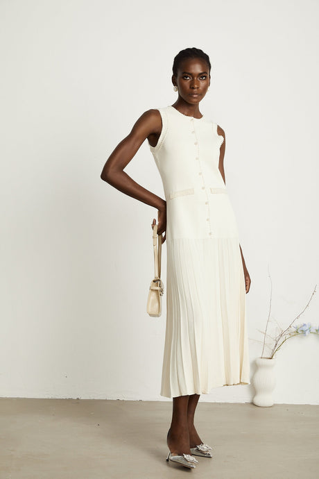 Léocadie white knitted fauxpearl midi dress