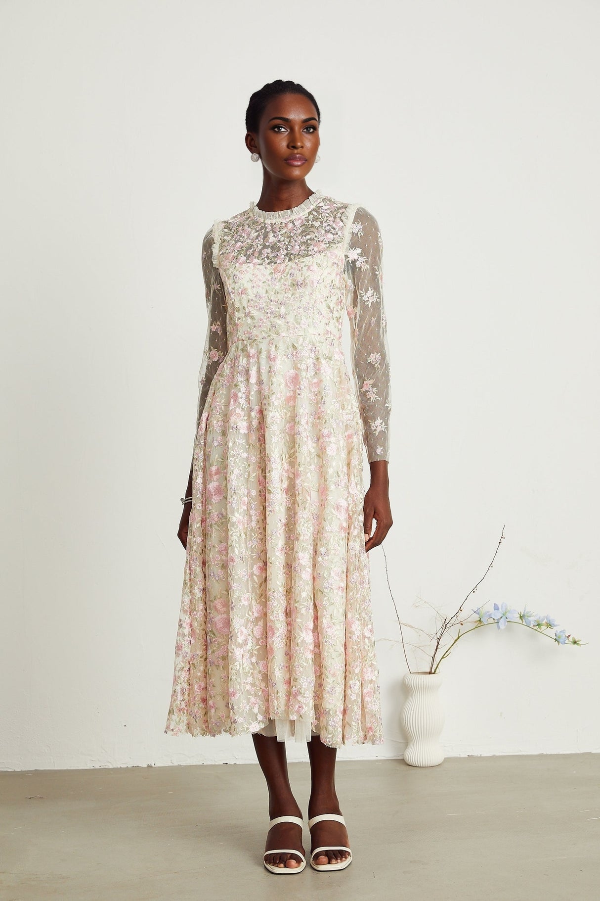 Lucie floral embroidered tulle midi dress